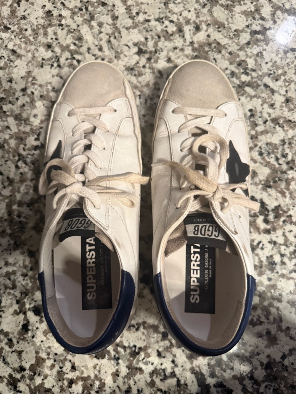 Golden Goose Off-White Leather Sneakers with Navy Heel and Black Star